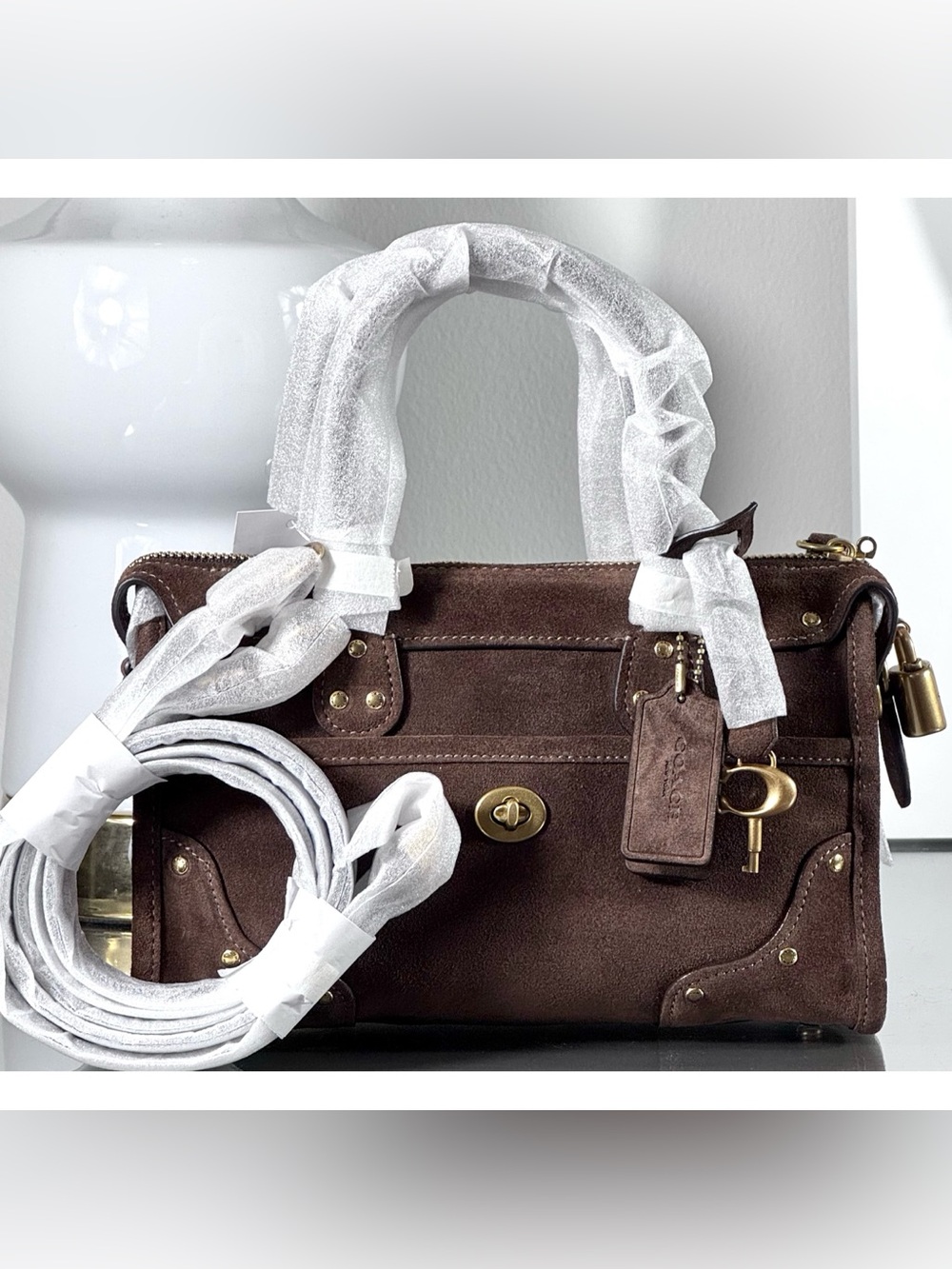 COACH Rhyder Suede Satchel Bag 24, DARK CHOCOLATE